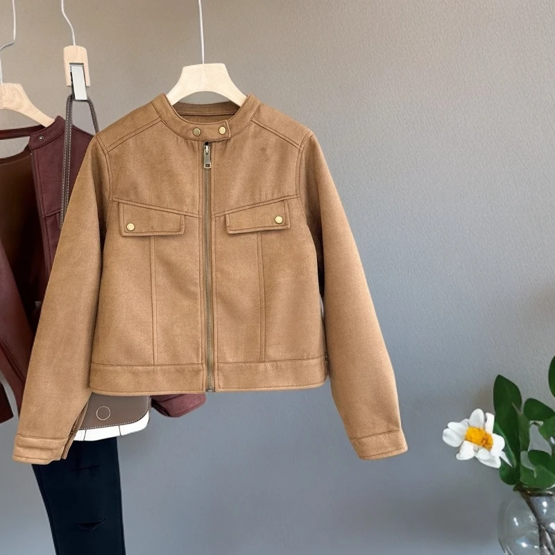 秋季外搭上衣女设计感复古棕色宽松短款夹克外套SS26320