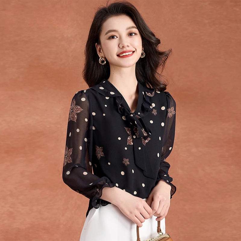 广东普宁飘带雪纺衬衫女2025新款春夏高级感轻奢减龄洋气妈妈上衣