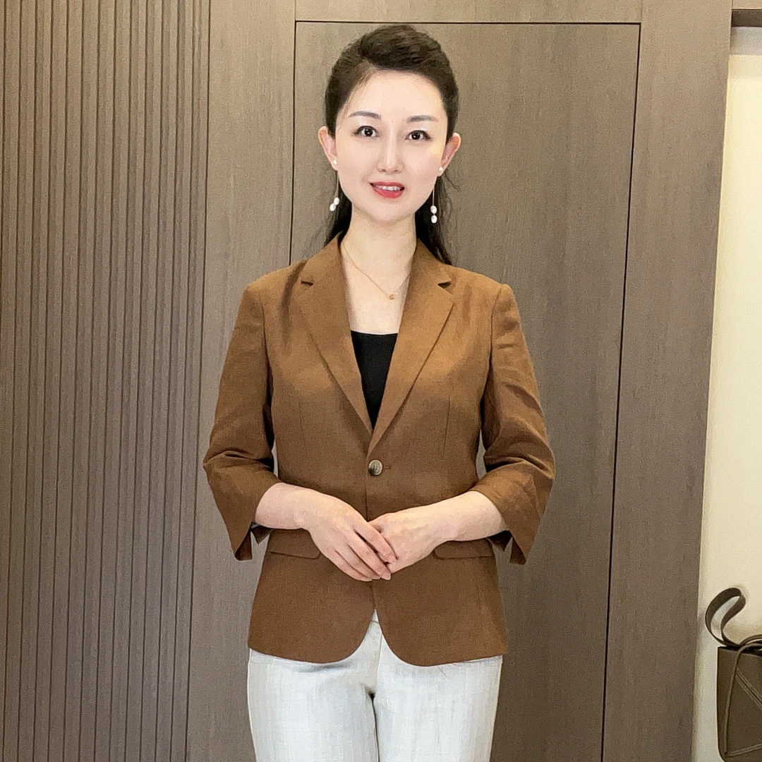 100%纯亚麻高级定制七分袖西装外套女