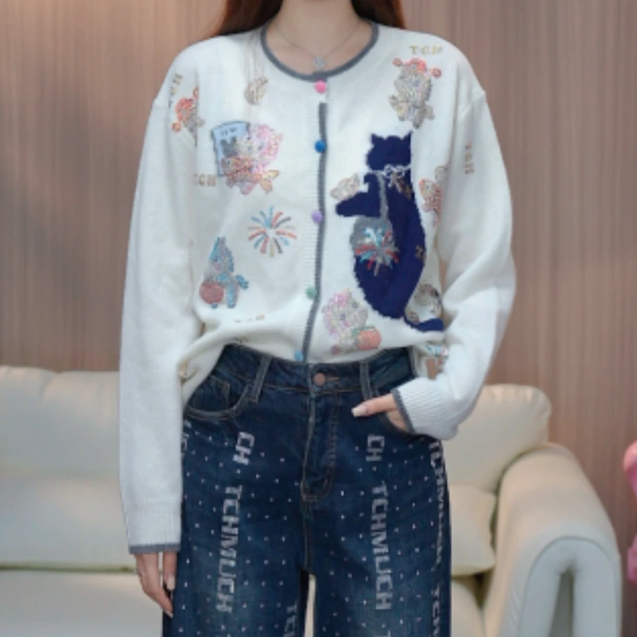 TCH【绵羊毛】冬款百搭时尚烫钻长袖针织开衫T75D43E1118私服tch