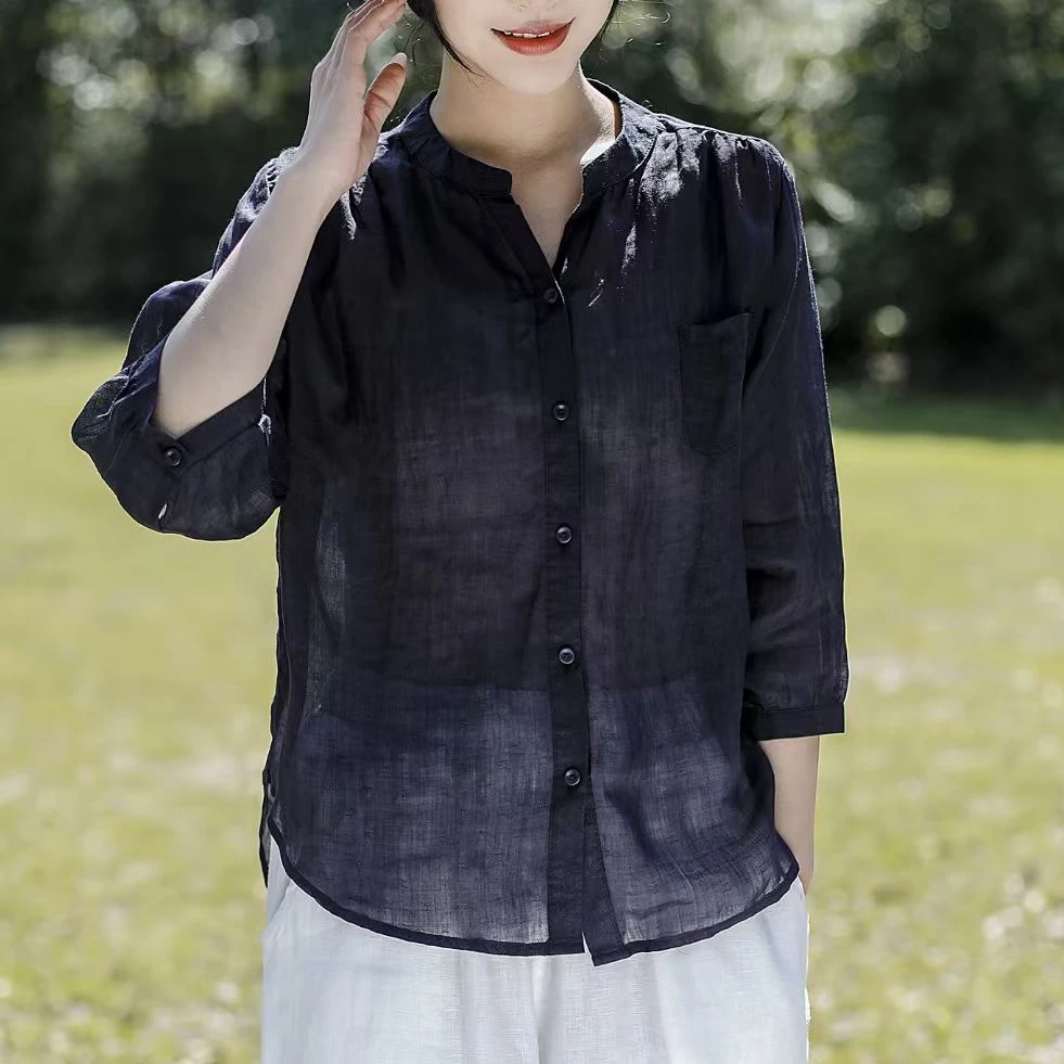 春夏新款小立领高织微透苎麻小衫-9063
