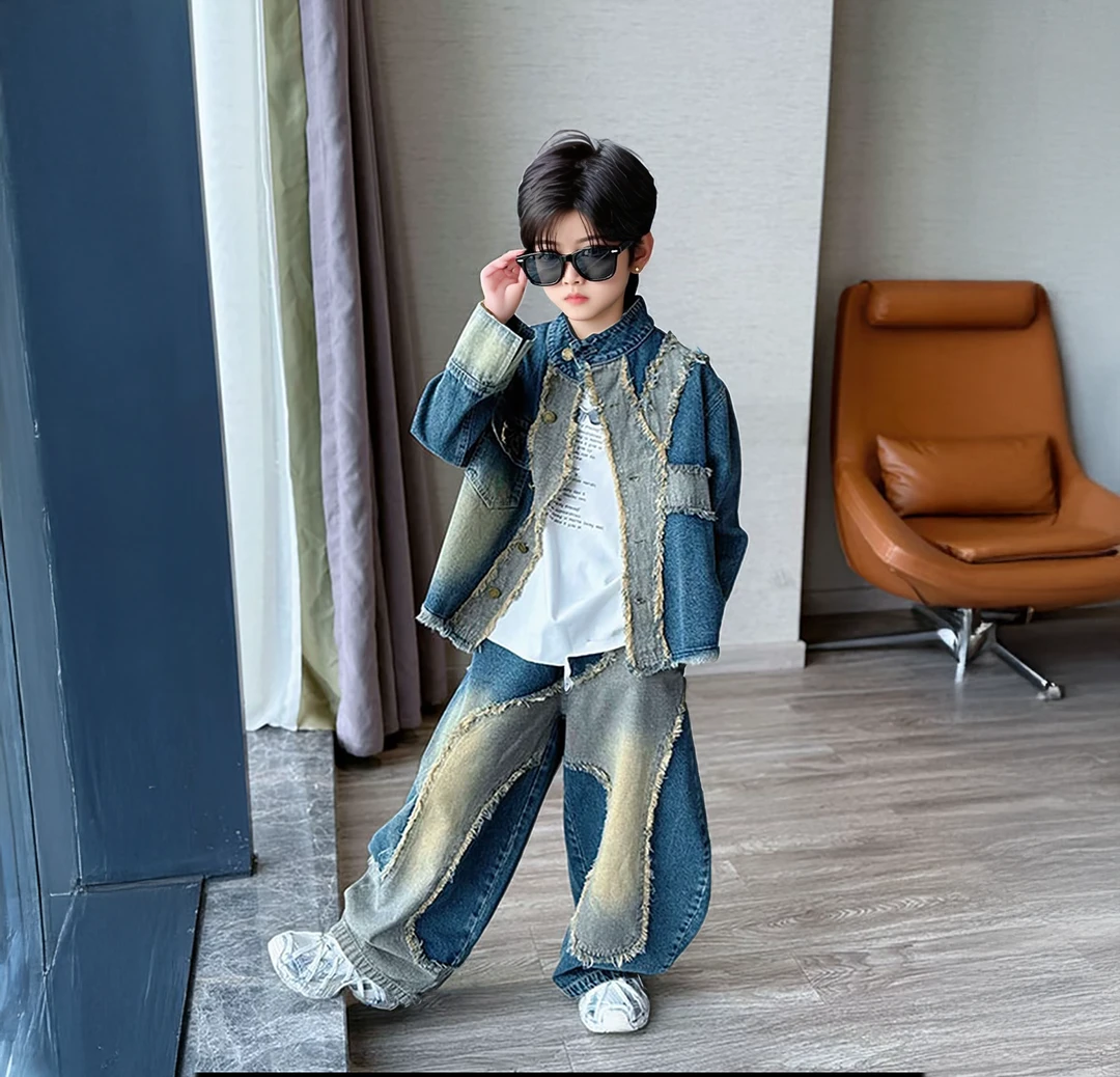 [现货]男童秋季潮个性拼接毛边长袖牛仔套装中大童痞帅炸街两件套