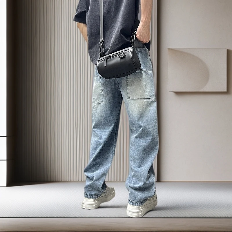 春夏新款大口袋牛仔裤男水洗复古宽松直筒气场气场轻奢痞帅男装