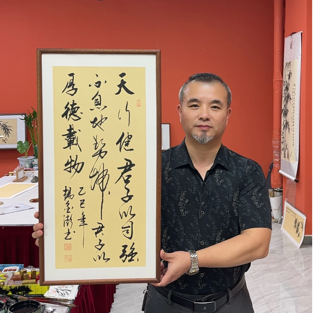 杨金澎手写作品/天行健君子以自强不息/古宣带框/36*69厘米左右