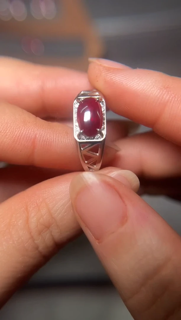 天然辰砂朱砂镶嵌S925银晶体男戒指122601