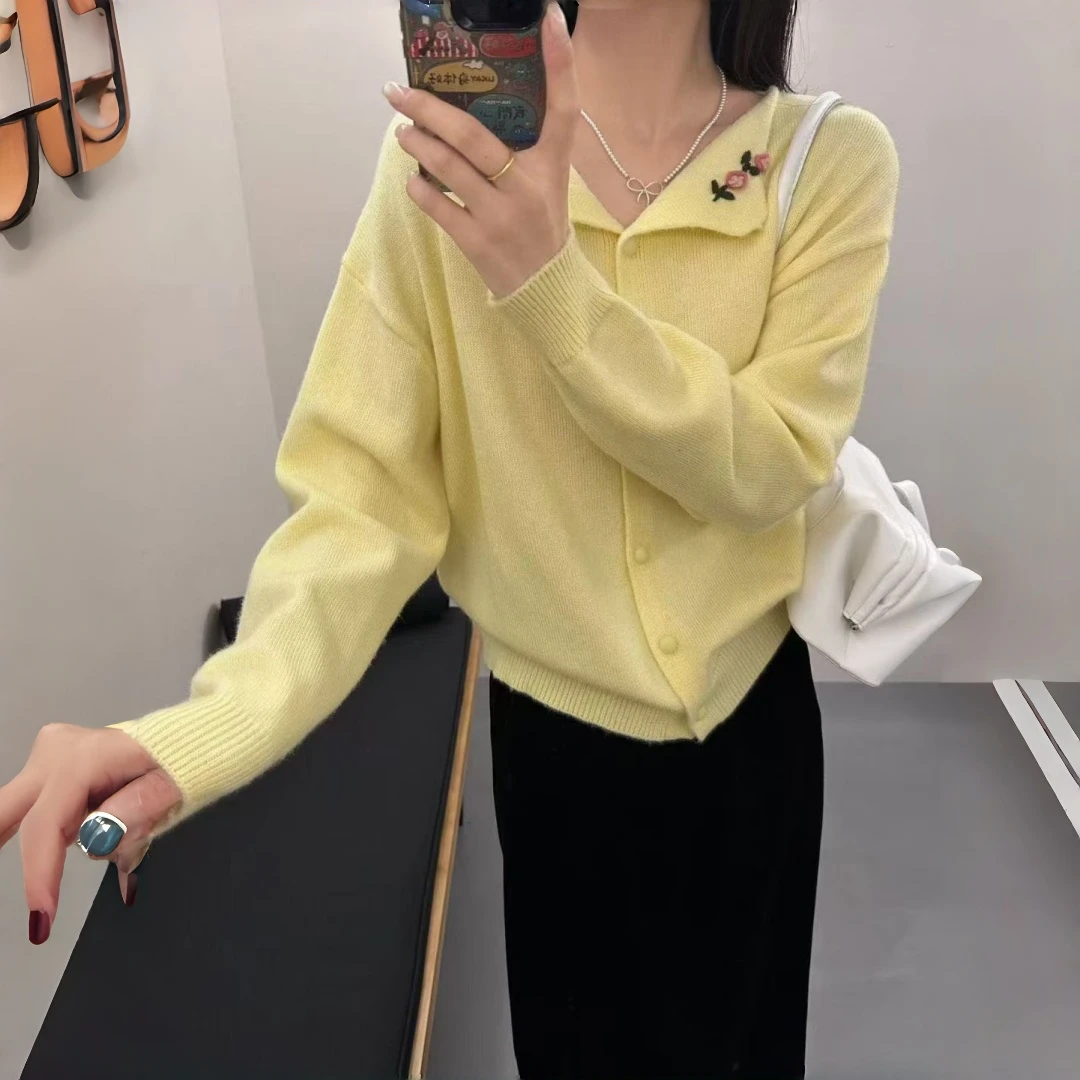 翻领保暖纯色秋冬季慵懒风毛针织衫宽松网红开衫刺绣气质显瘦上衣