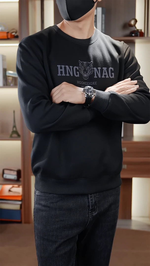 新款爆款虎头印花卫衣长袖秋季打底男装圆领宽松型黑色