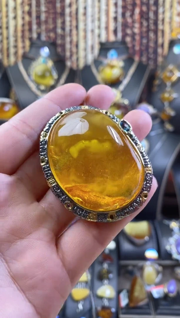 银S925镶嵌颈饰琥珀吊坠胸针两用