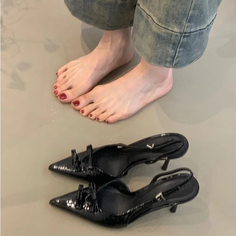 RS-T2802小众高跟鞋女鞋2025春季法式蝴蝶结尖头浅口包头细跟凉鞋