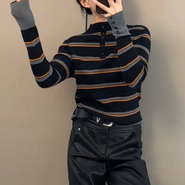 复古条纹半高领针织上衣女2025秋季新款拼色内搭秋冬休闲打底毛衣