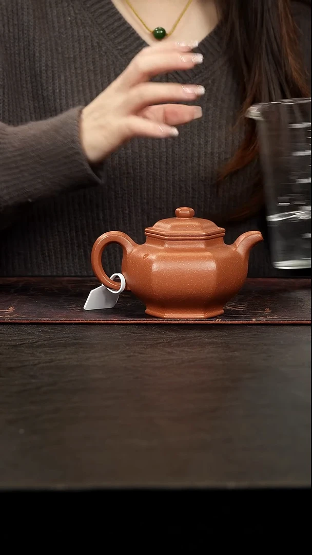 茶壶紫砂红降坡六方掇葵250cc