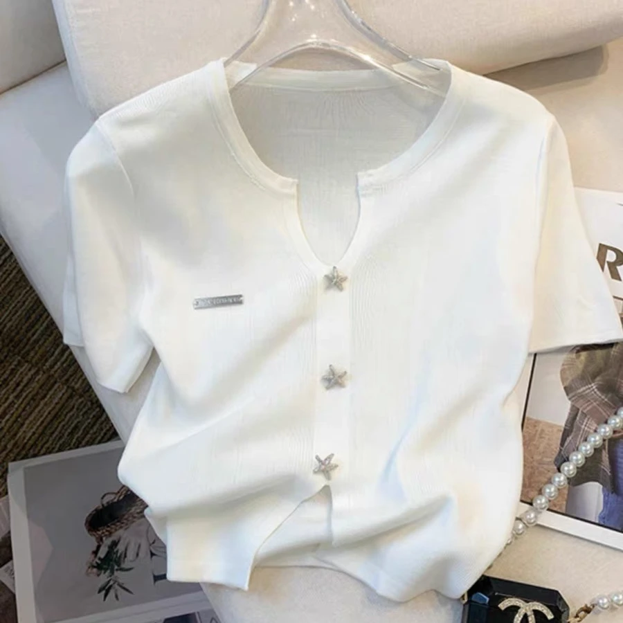 专柜商场撤回一线品牌 夏季新款高级感立体装饰冰丝上衣短袖t恤女