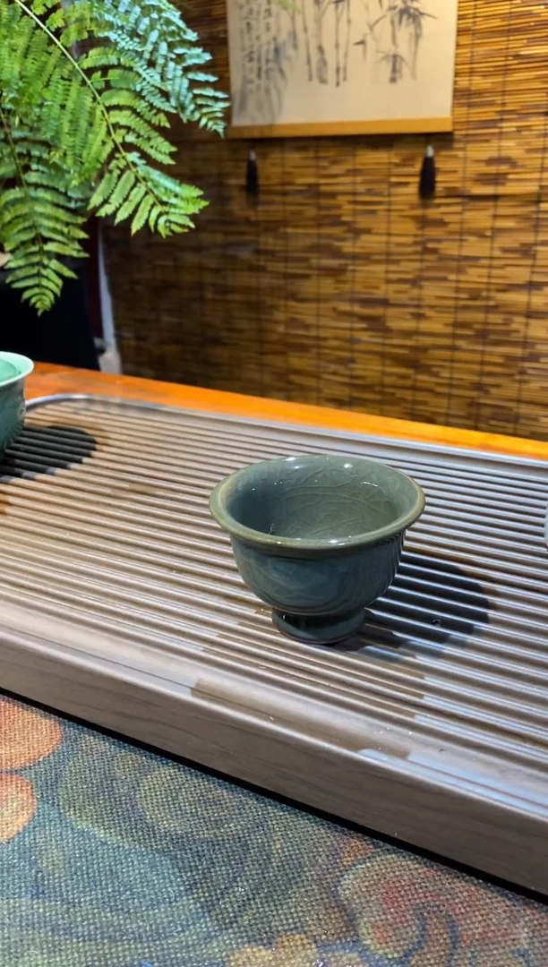 【山隐青瓷】龙窑柴烧杯子 铁胎高足杯梅子青  50CC