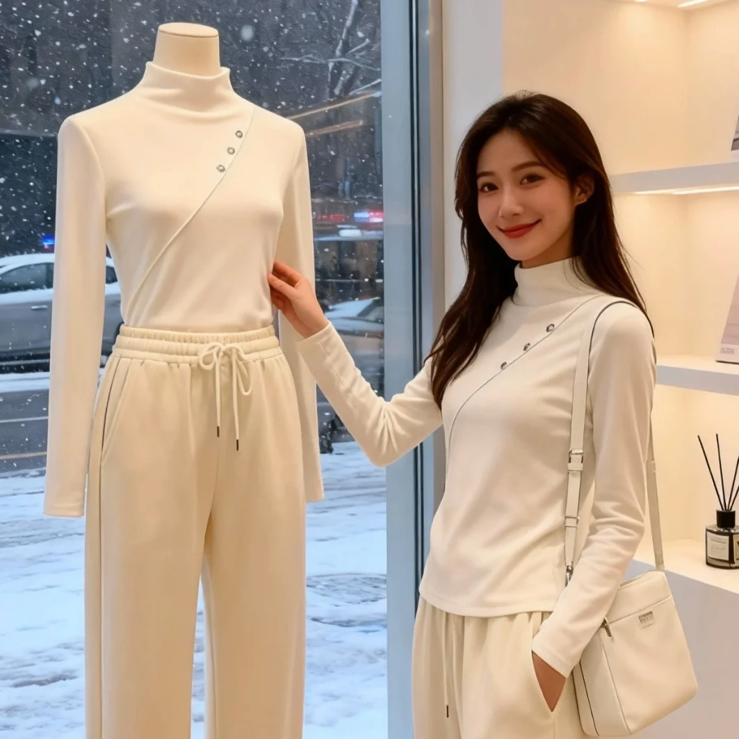 秋冬绒感女士打底衣高领时尚款长袖T恤气质显瘦衫高弹款号5012