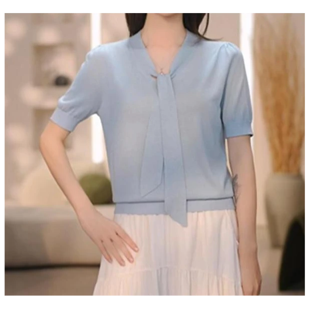 2025夏日飘带新款针织衫女生修身上衣亮丝