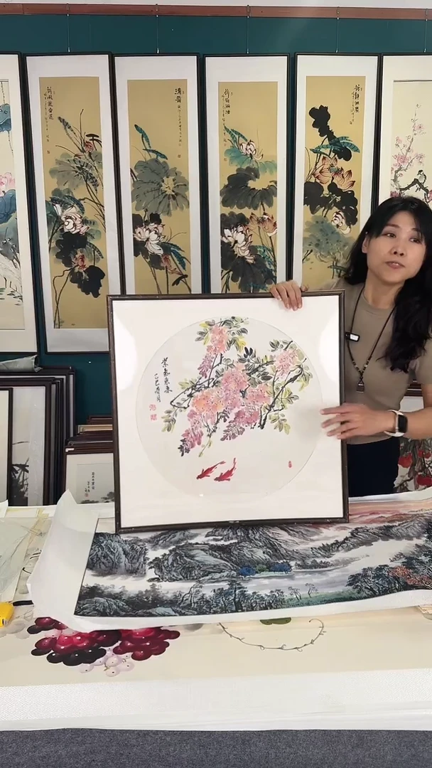 国画紫藤 实木装裱 63*63