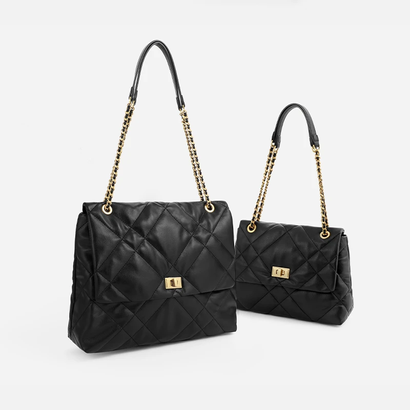 【TOMATO&POTATO】小香风黑色经典单肩菱格肩包口盖包单肩斜挎包