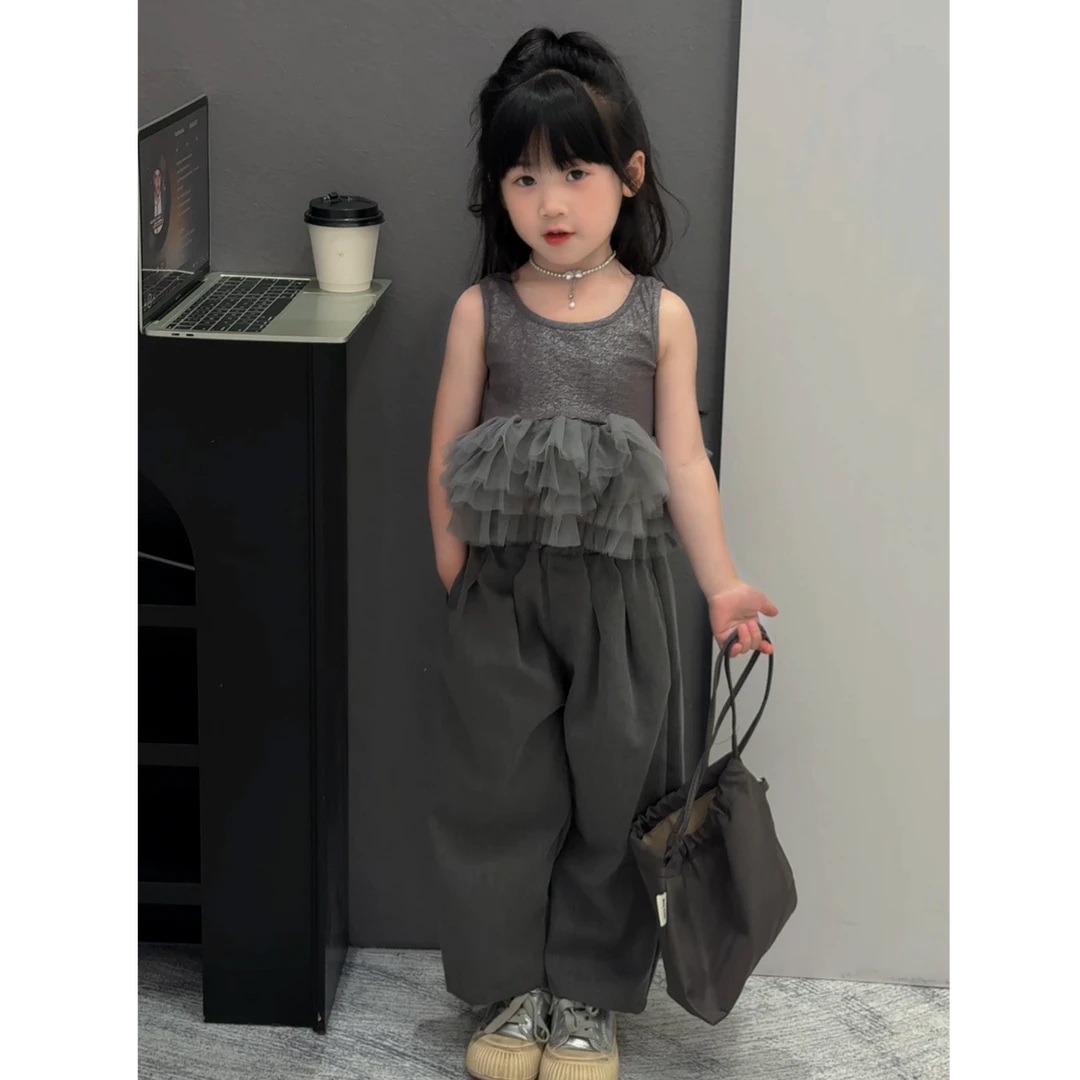 女童T恤背心春夏洋气时髦blingbling无袖叠穿网纱拼接上衣阔腿裤