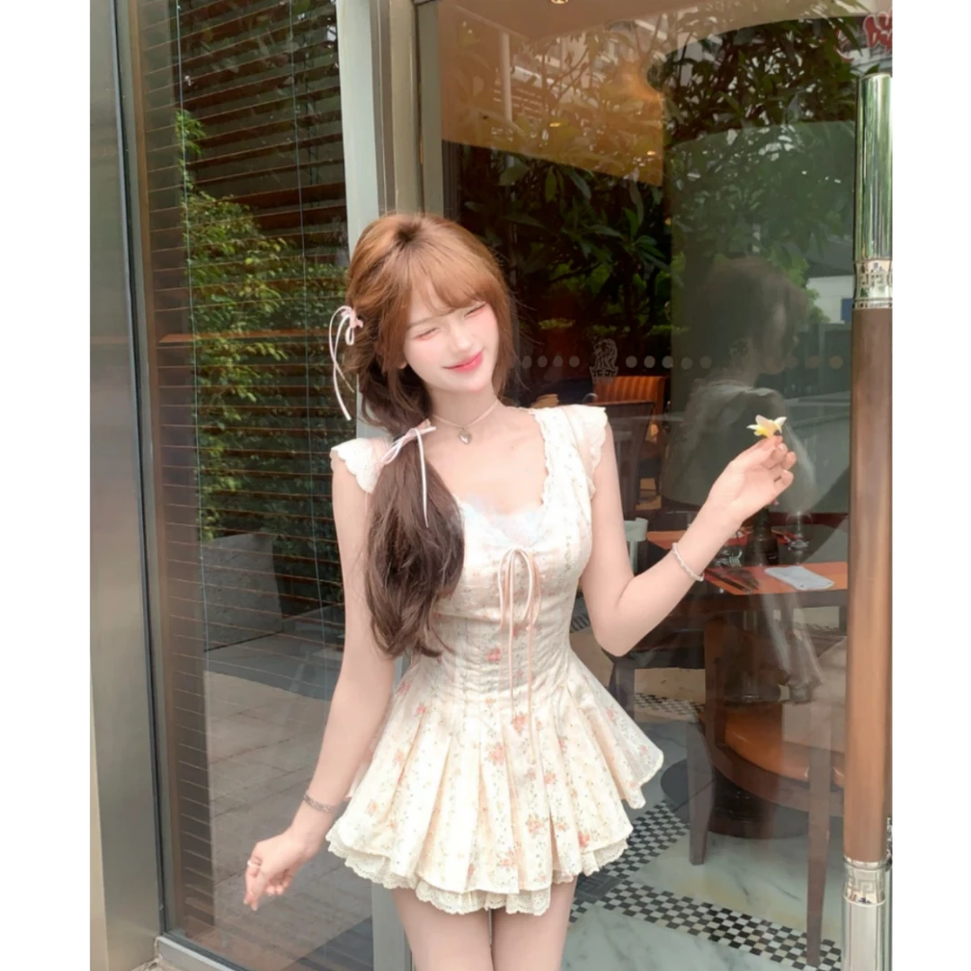 大码女装少女夏季收腰显瘦小众纯欲风甜美碎花连衣裙12318