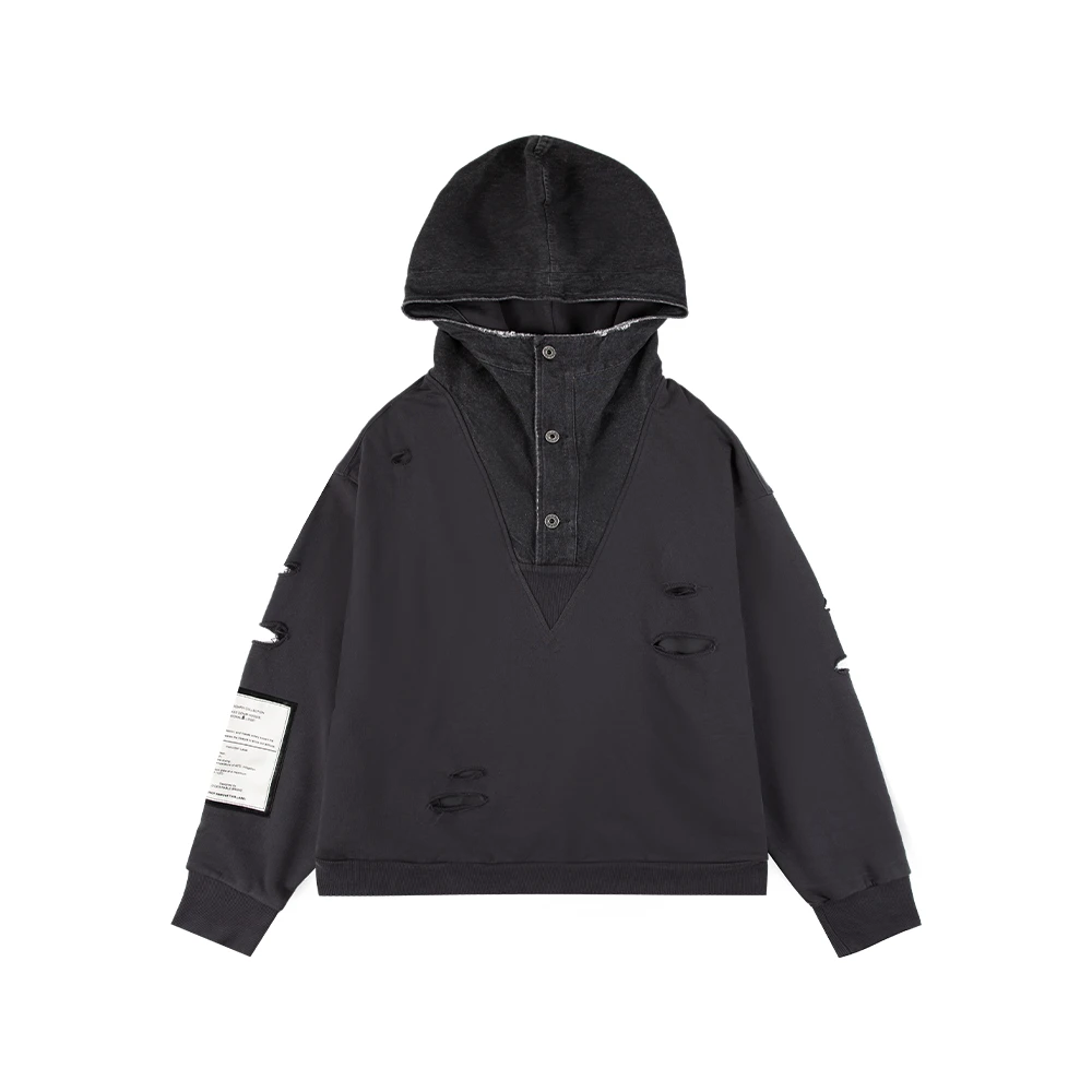 D.Desirable WCLA-牛仔大D刺绣三拼连帽卫衣