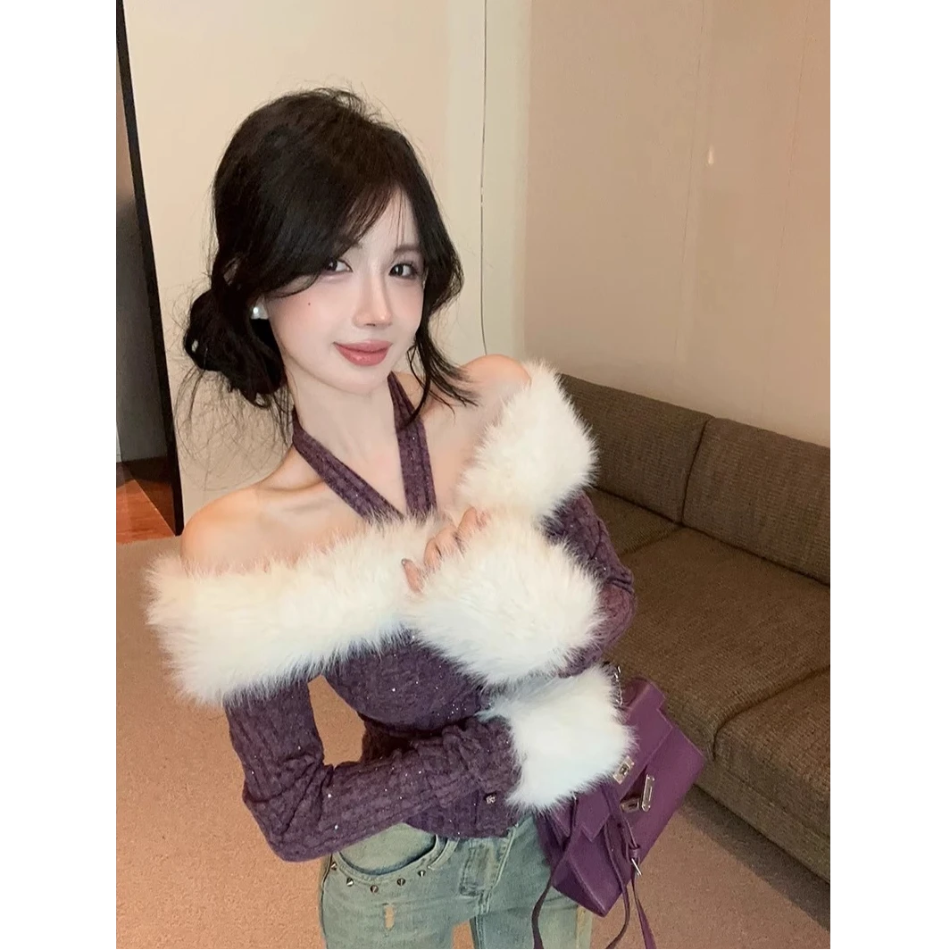 纯欲一字肩挂脖露肩上衣女秋冬毛毛领针织打底衫内搭圣诞紫色上衣