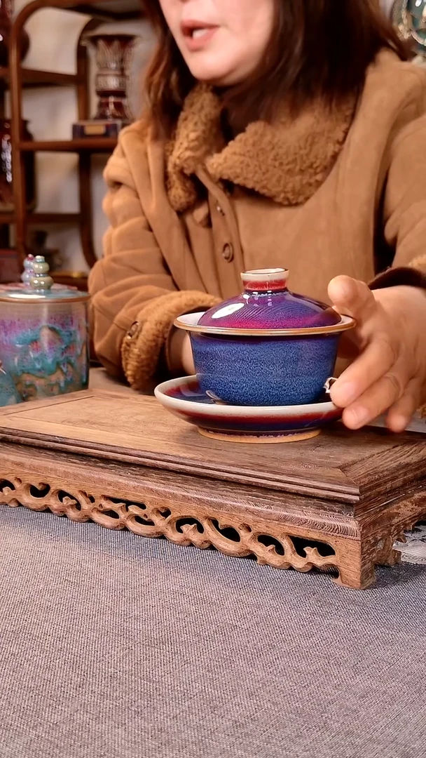 瓷片三才盖碗 土魂钧瓷