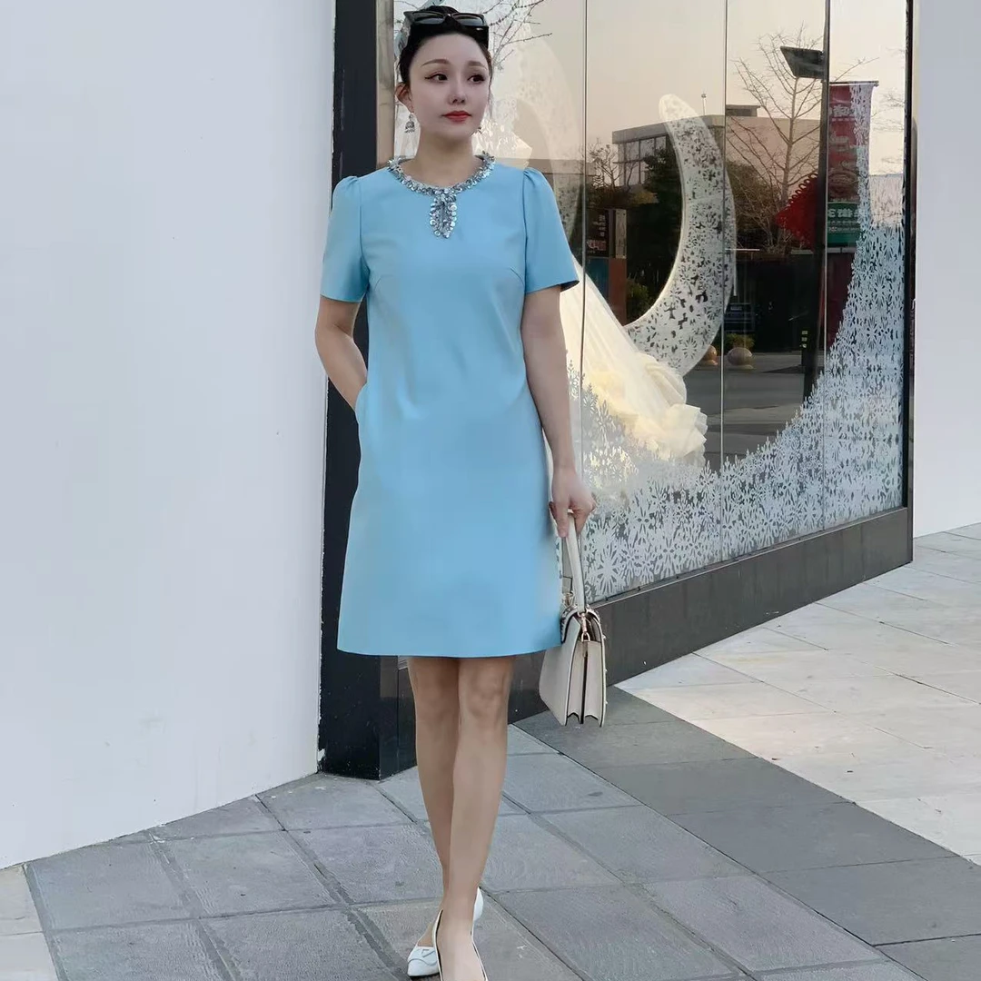 春夏装新款法式名媛小香风圆领修身亮片时尚镂空短袖气质连衣裙子