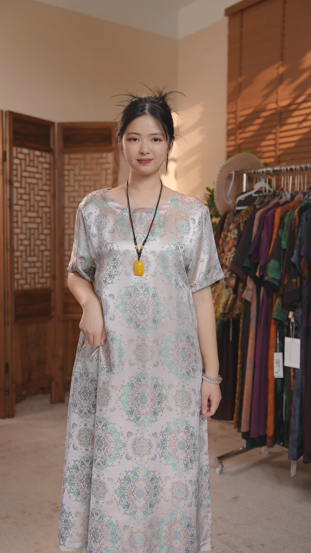 中国风提花新中式圆领印花连衣裙夏季中长款默认款式8090