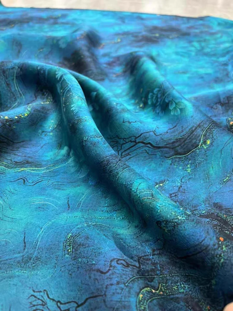 【经典蓝海 】绣花缎罗香云纱旗袍连衣裙套装高端定制布料（1.4米宽）