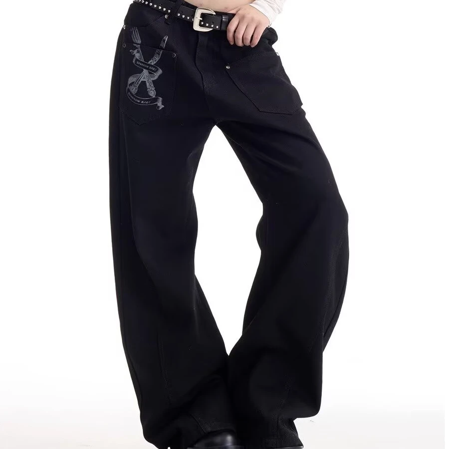 美式复古个性标语字母廓形拼接牛仔裤男女宽松bf慵懒风弯刀裤潮