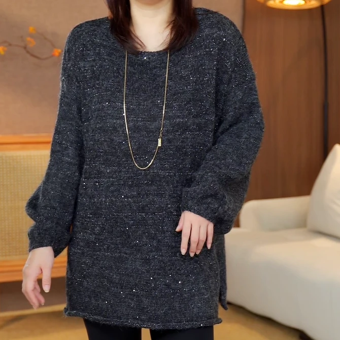 卓美优选秋季新款设计感宽松百搭显瘦圆领中长款毛织毛衫女2595