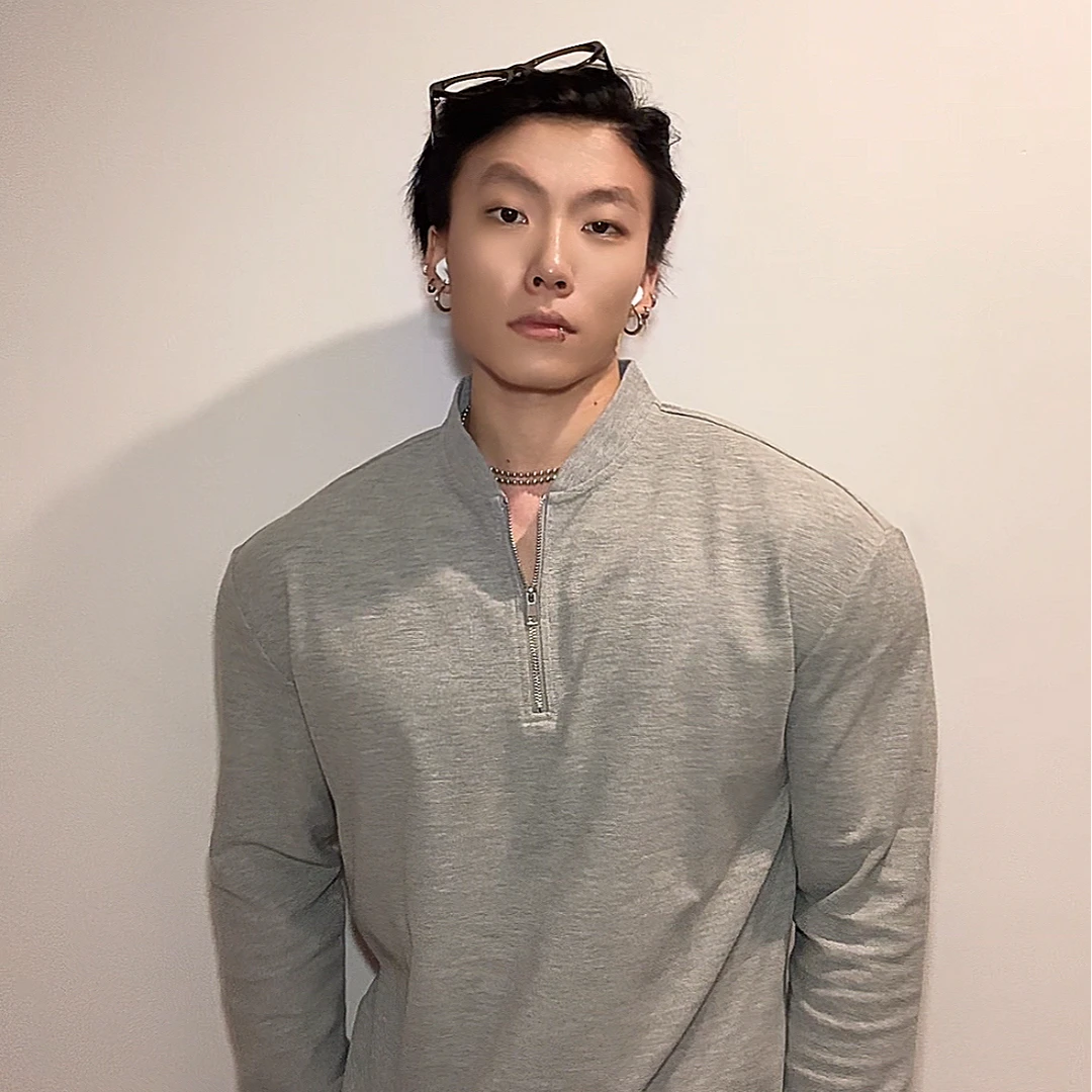 弹力修身日常打底衫长袖拉链刺绣运动衬衫华夫格T恤