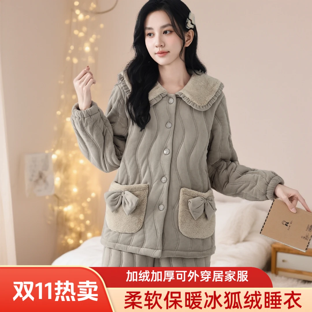 睡衣女冬季加厚加绒爆款2025新款保暖三层夹棉可外穿套装家居服