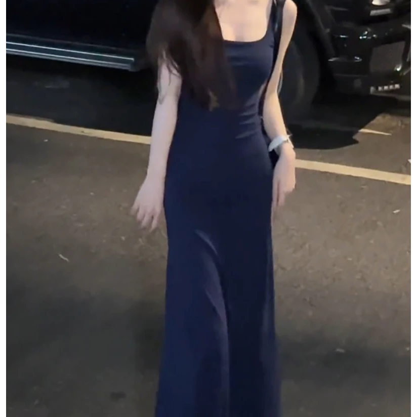 藏青色高级显白修身休闲无袖长裙连衣裙