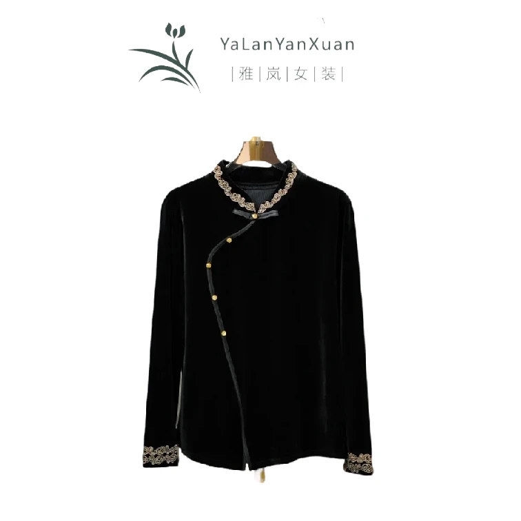 【雅岚女装】中年妈妈洋气时尚打底衫春秋款金丝绒上衣长袖复古斜襟