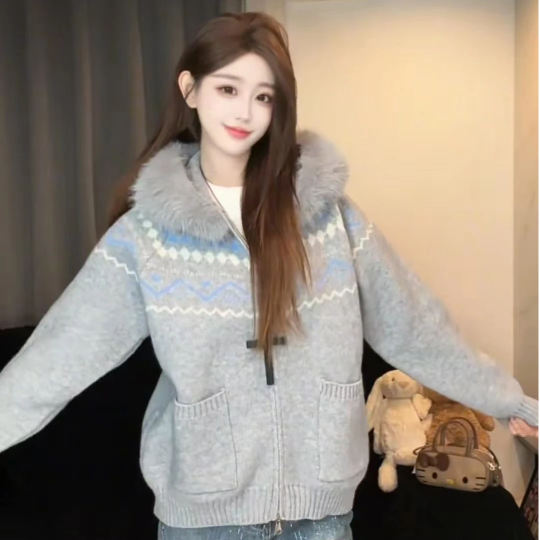 秋冬高街保暖毛毛拼接连帽毛衣开衫女慵懒风宽松百搭拉链针织外套