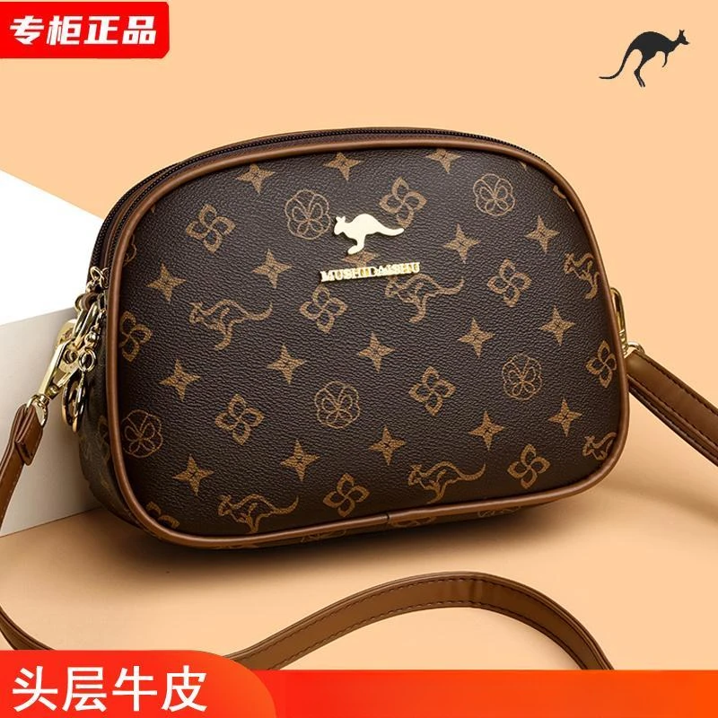 袋鼠真皮女士印花女包包2025新款时尚小圆包休闲牛皮单肩包斜挎包