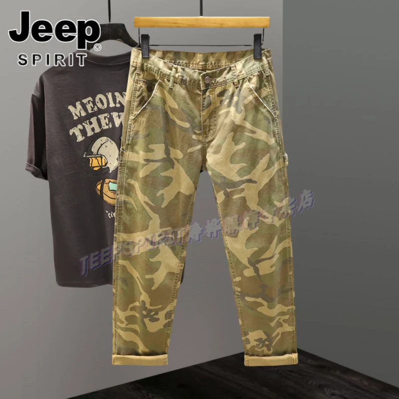 Jeep吉普迷彩户外纯棉牛仔裤男春秋季宽松直筒裤百搭水洗休闲长裤