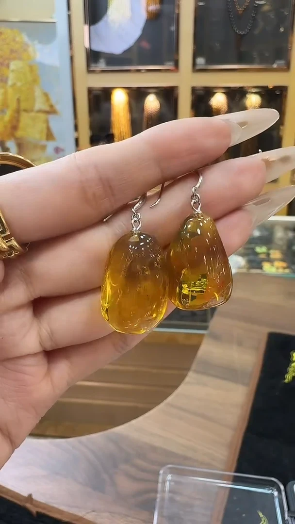 琥珀银S925镶嵌耳饰琥珀耳钩