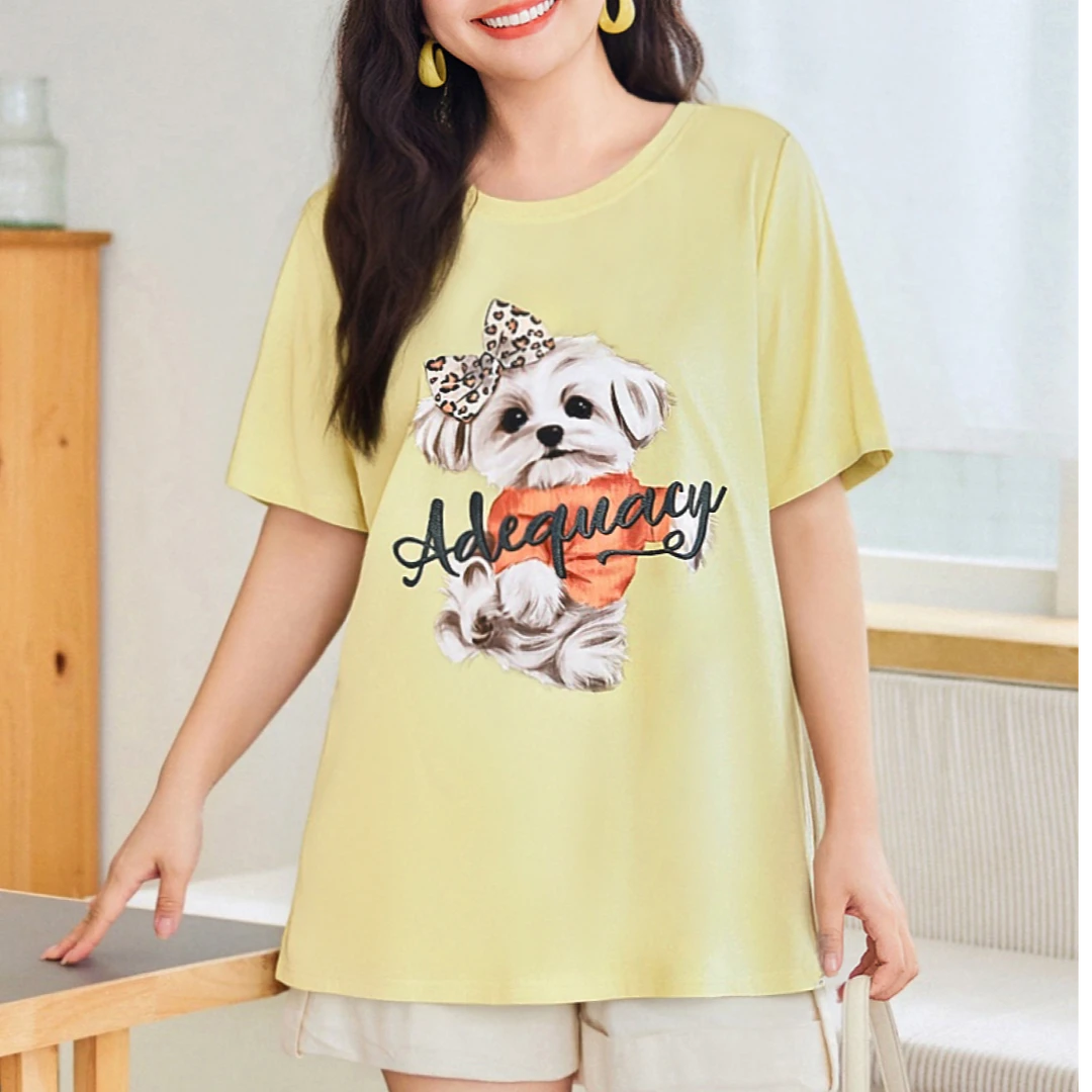 【后背镂空凉感棉闪粉印花短袖T恤】MsShe大码女装秋中长款C2506037