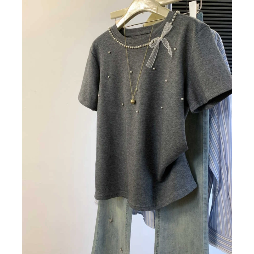 灰色重工钉珠短袖t恤女夏新款蕾丝蝴蝶结圆领体恤韩系正肩小上衣