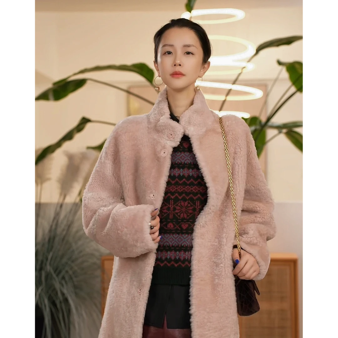 【叭哒不惑】水蜜桃 羊皮毛一体休闲时尚立领冬季外套女士纯色皮草