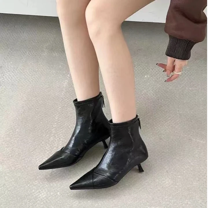 尖头秋冬新款韩版通勤瘦瘦简约粗跟裸靴短靴73-8590（加绒)