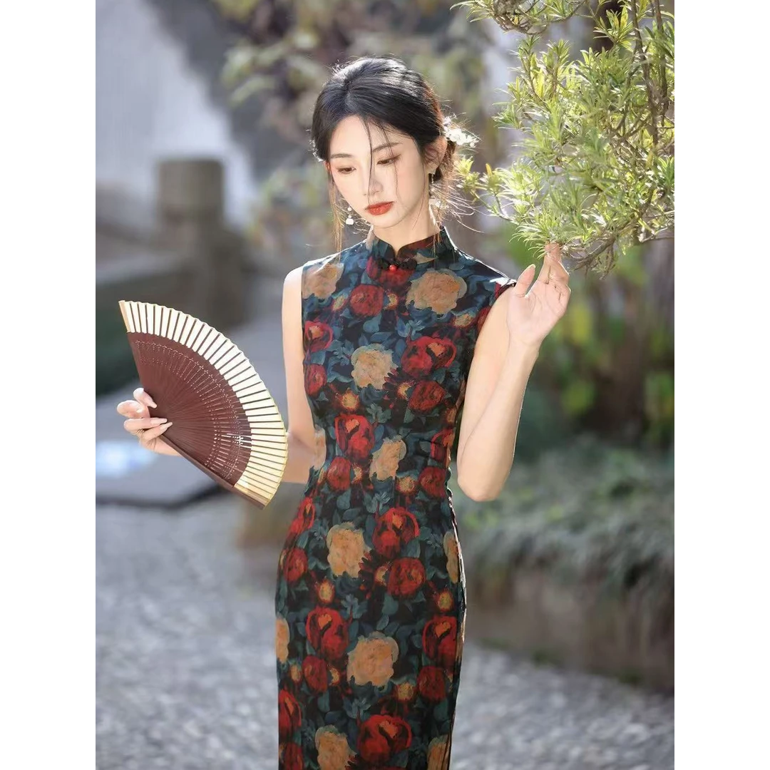 苏故里【枝雨海棠】植物花卉无袖低领日常新中式旗袍显瘦气质长120