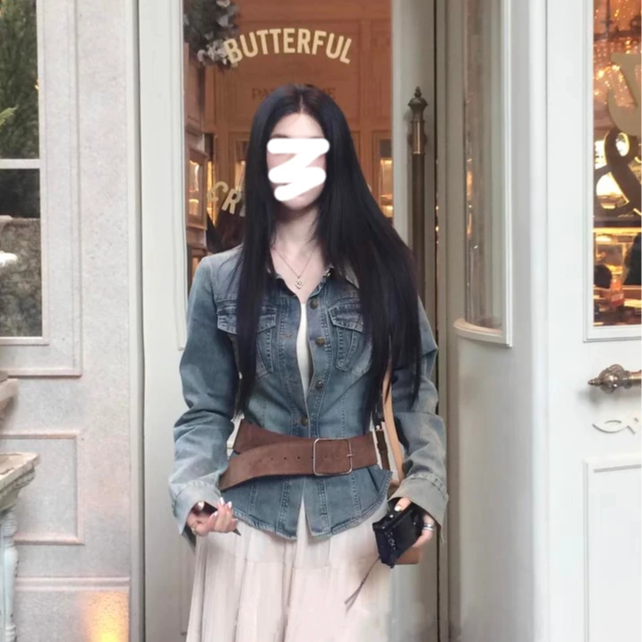 小众设计感独特时尚气质休闲复古牛仔外套高腰半身裙套装6025