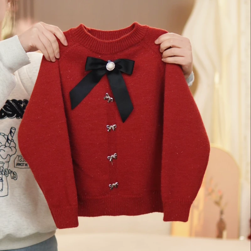 【大蝴蝶结】女童2024冬季新款套头针织衫红色新年女童长袖
