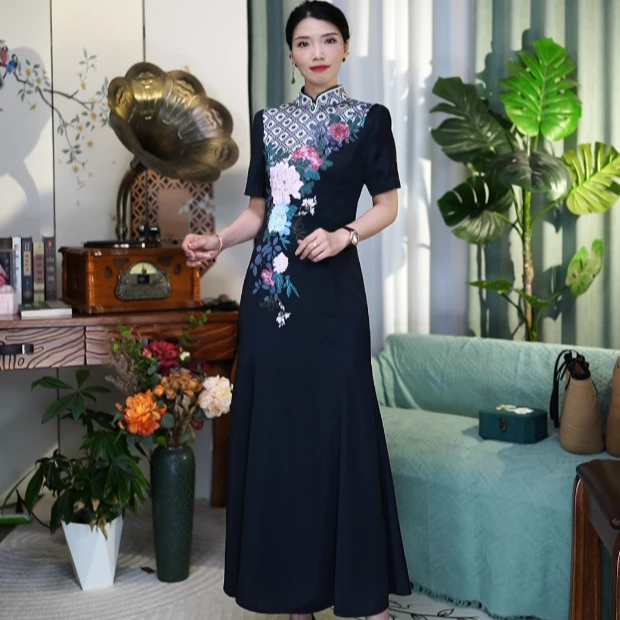 【风华绝代】SUSSI/古色商场同款中式立领印花鱼尾轻奢气质连衣裙女