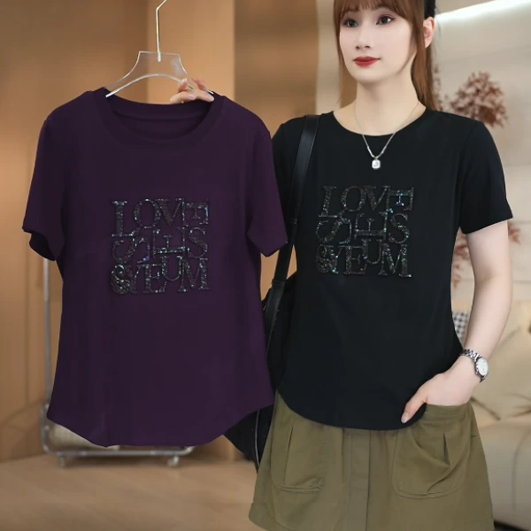 SHUOBAI/说白【亮片绣花】295# 减龄遮肉 修身显瘦 圆领短袖T恤ZS