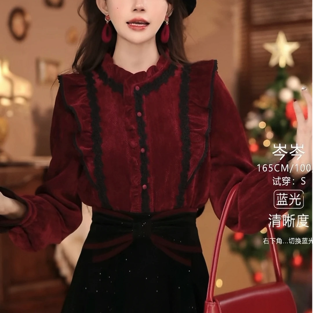 岑岑【冬将雪】港味复古显瘦气质设计感上衣5868时尚法式复古长袖