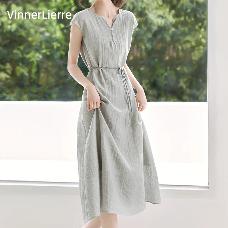 薇妮诺夏季轻薄显瘦连衣裙长裙连袖半开领无内衬连衣裙显瘦透气A
